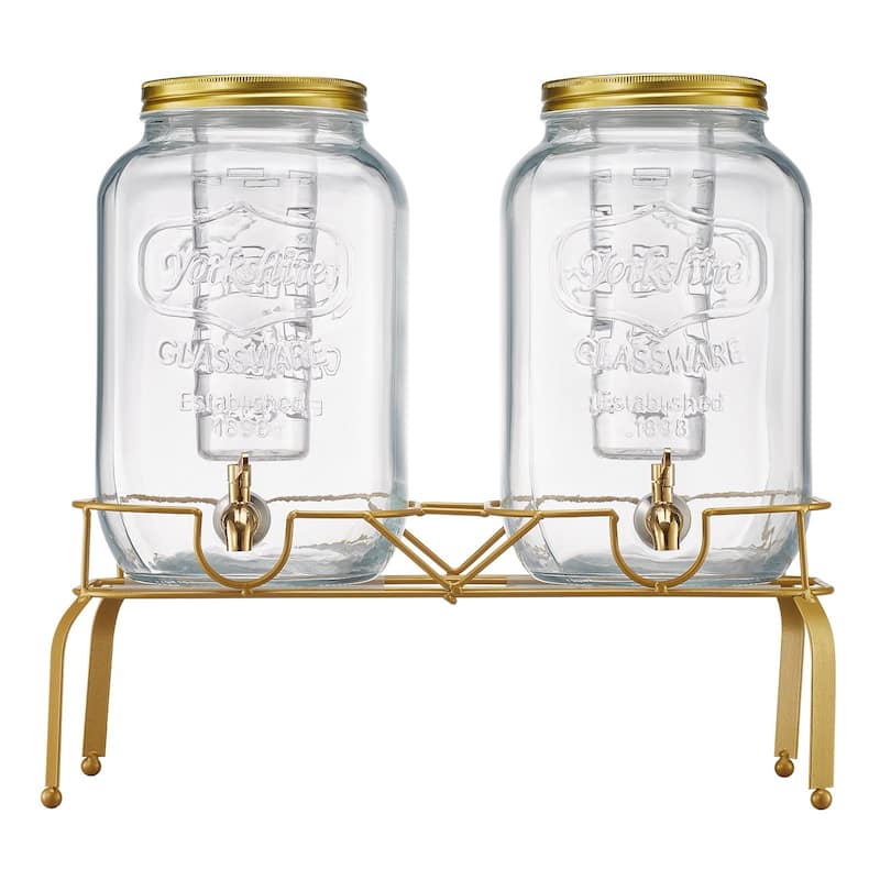 Transparent Glass Dual Cylinder Beverage Dispenser with Metal Stand and Chalkboards - 18.5 x 8.27 x 17.7 in