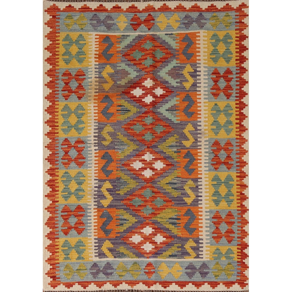 Multicolor Kilim Area Rug Flatweave Wool Carpet - 4'0"x 5'11"