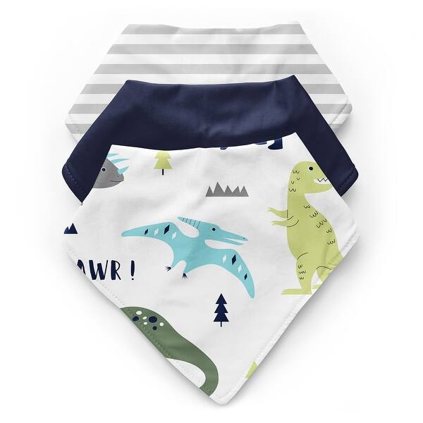 slide 2 of 6, Blue and Green Dinosaur Collection Fabric Bandana Baby Bibs (3 Pack Set) - Grey Modern Boho Mod Dinosaurs