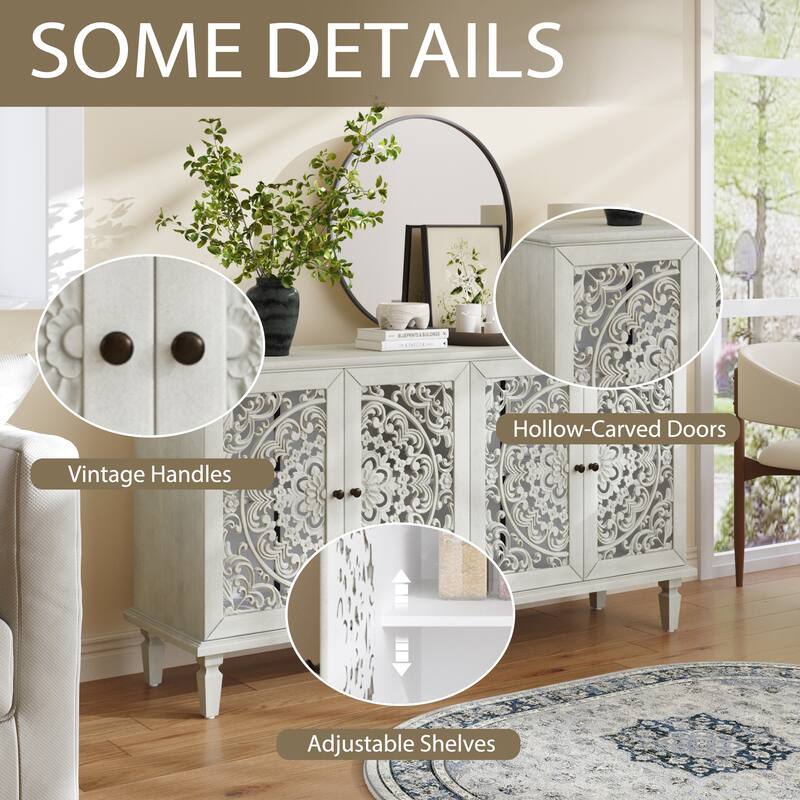 Roomfitters 60" Antique Buffet Cabinet, Floral Carved 4-Door Sideboard with Solid Wood Legs & Brass Handles