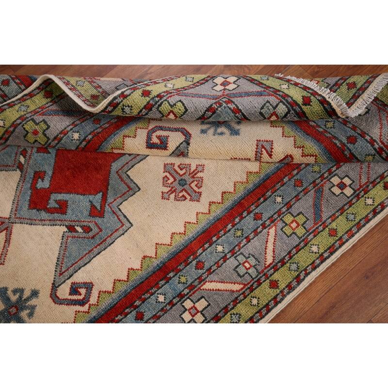 Ivory Geometric Kazak Oriental Foyer Rug Handmade Wool Carpet - 3'3" x 4'11"