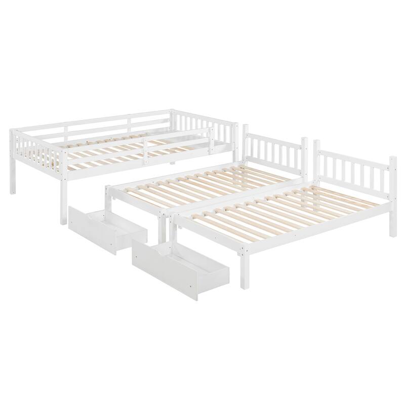 White Wood Triple Bunk Bed with Drawers, Full Over Twin & Twin, Guardrails Included