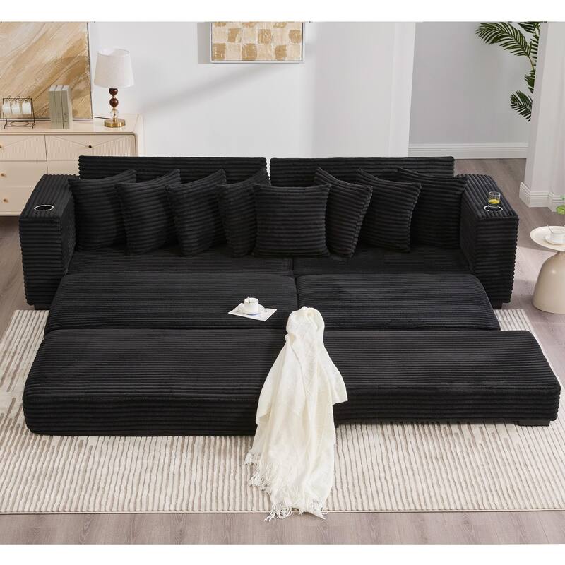 110.75" Corduroy Sectional Sofa, Convertible Sleeper Sofa Bed L-Shaped Upholstered Couch with Removable Footstool, Cup Holder