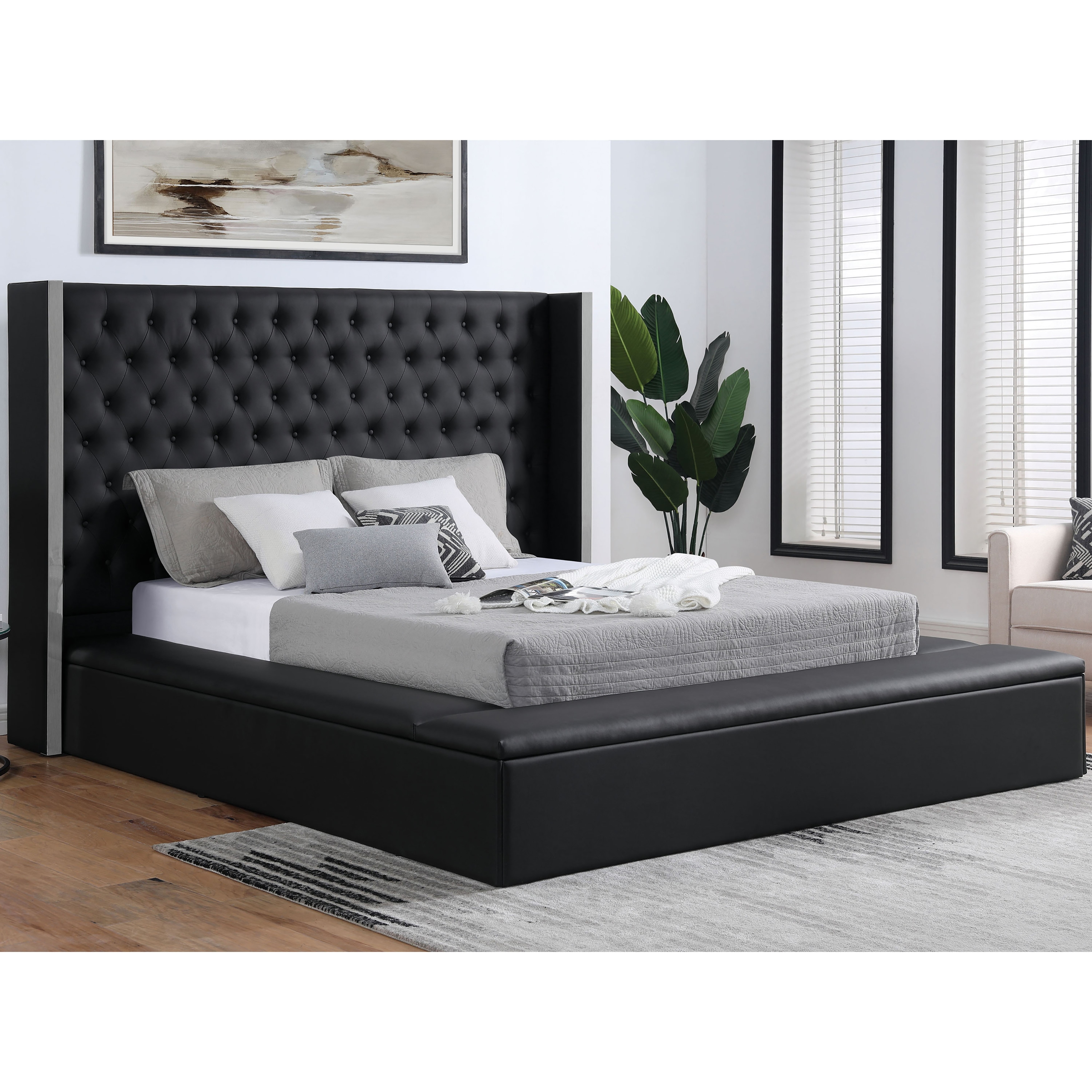 Black tufted bed sales with storage