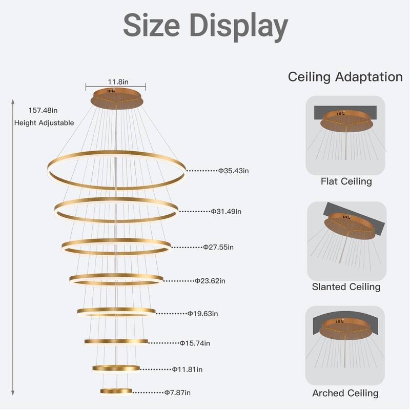 Modern LED Ring Chandelier - Remote Control Dimmable Pendant Lights for High Ceilings, Foyers & Living Rooms