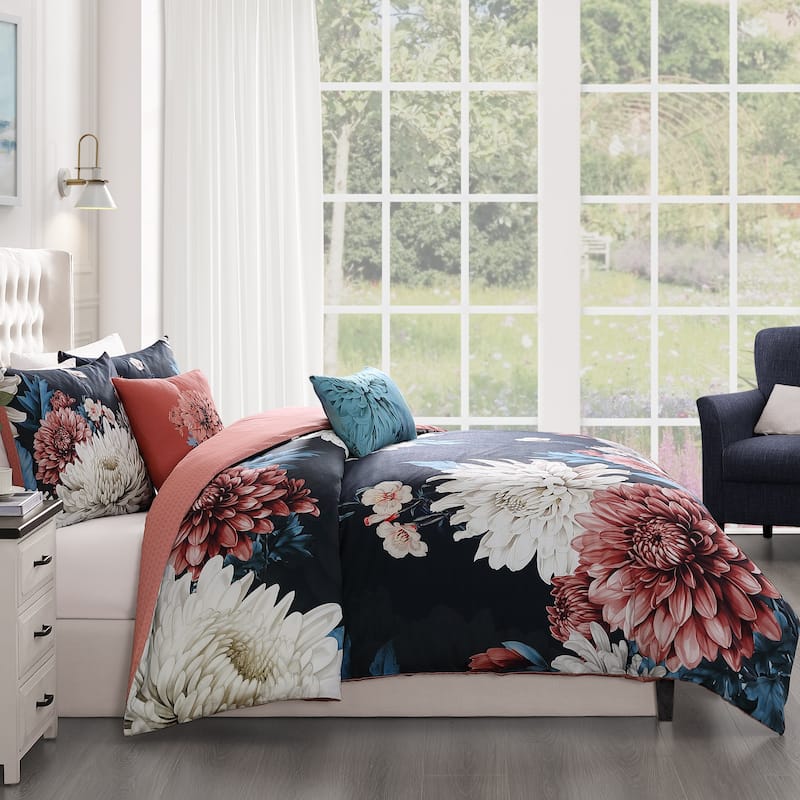 Bebejan Navy Mums 100% Cotton Sateen 5 Piece Reversible Comforter Set