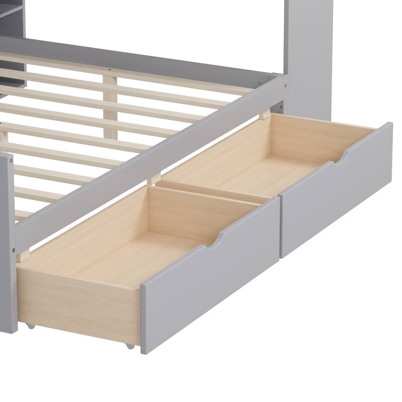 Twin Size Wooden L-Shape Daybed with Study Desk & Built-in Bookshelf, Multi-functional Bed for Bedroom