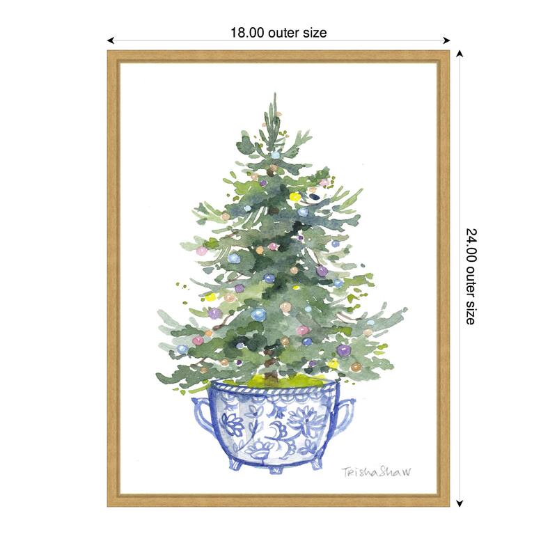 Kate and Laurel Sylvie Framed Canvas Traditional Christmas Tree In Blue Chinoiserie Pot by Patricia Shaw