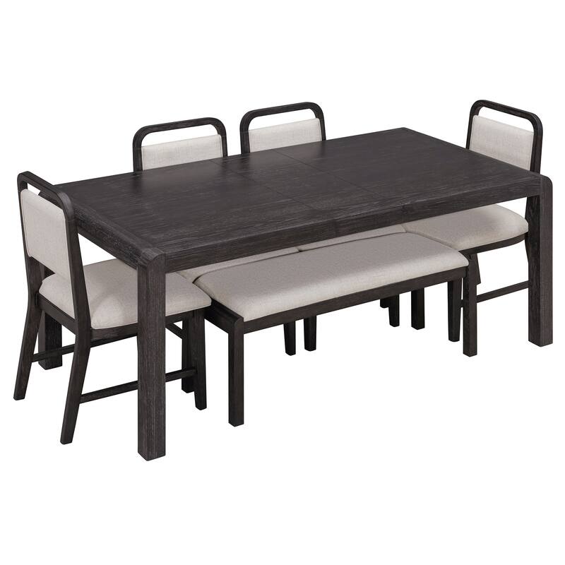 6-Piece Vintage Extendable Dining Table Set for 4-6 with 4 Upholstered Chairs & Bench, Rustic Wire-Brushed Kitchen Table