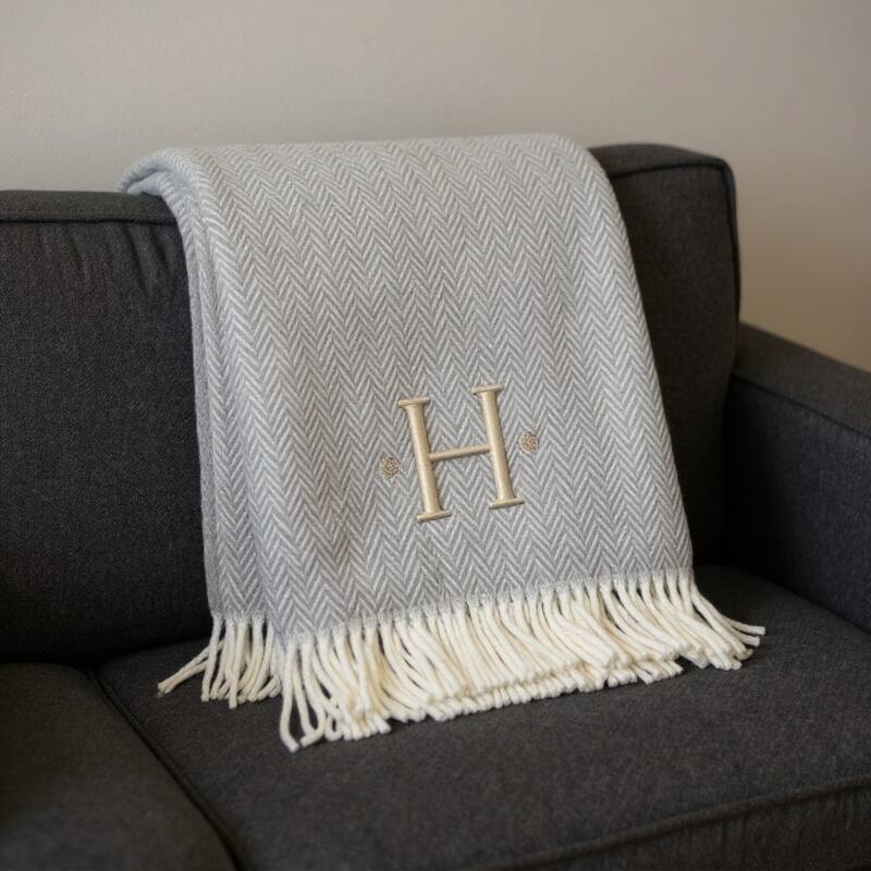 55" X 70" Gray And White Herringbone Cotton Blend A Initial Throw Blanket with Tassels And Embroidery