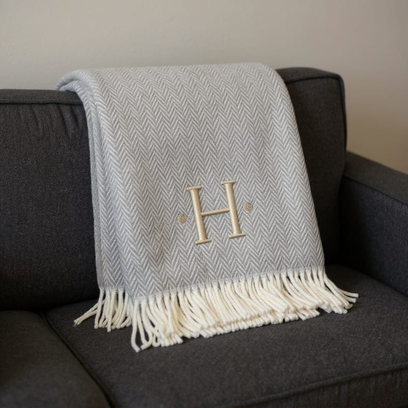 HomeRoots 55" X 70" Gray And White Herringbone Cotton Blend H Initial Throw Blanket with Tassels And Embroidery - Throw - Gray/White