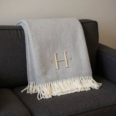 HomeRoots 55" X 70" Gray And White Herringbone Cotton Blend H Initial Throw Blanket with Tassels And Embroidery