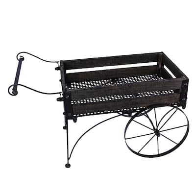 Zeckos 24 Inch Brown Wood & Metal Wagon Planter Indoor/ Outdoor - 15.5 X 24.5 X 13.5 inches