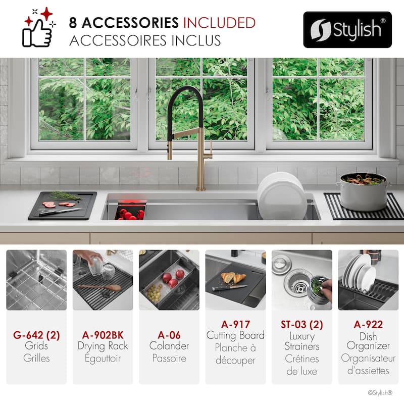 STYLISH 42 inches Workstation 70/30 Double Bowl Undermount 16 Gauge Stainless Steel Kitchen Sink with Accessories included