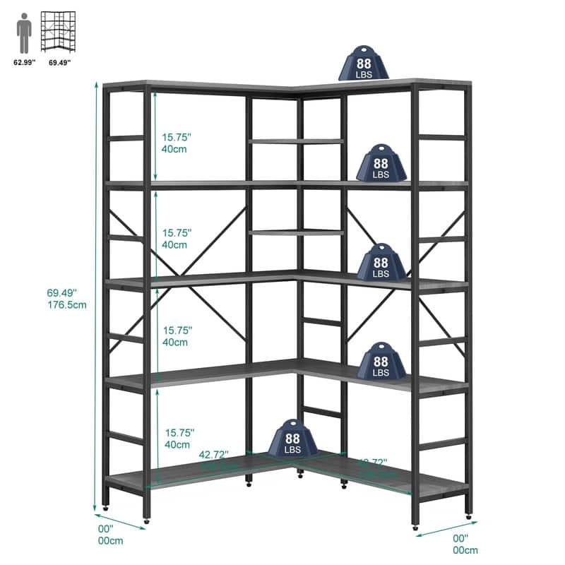 4-Tier L Shaped Industrial Bookshelf Corner Bookcase with Open Shelves and Curved Panels - Grey
