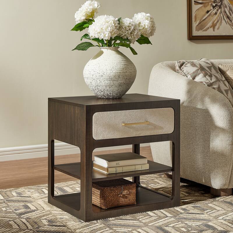 18" Modern Nightstand with Textured Fabric Drawer and 2-Tier Open Shelves