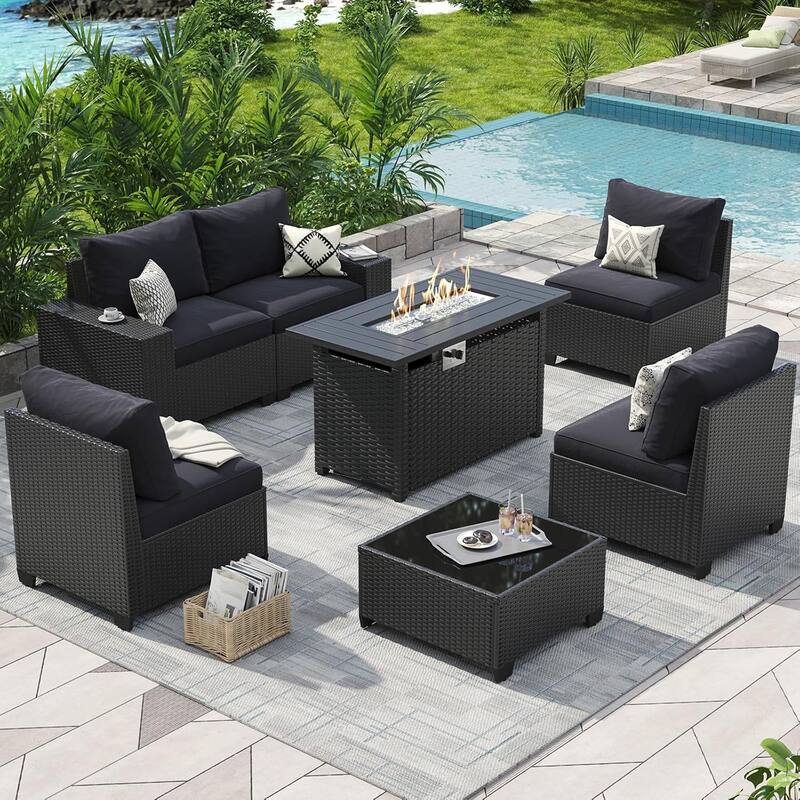 Outdoor Patio Furniture Sets with 4in Thicken Cushion - 7 pcs - Black