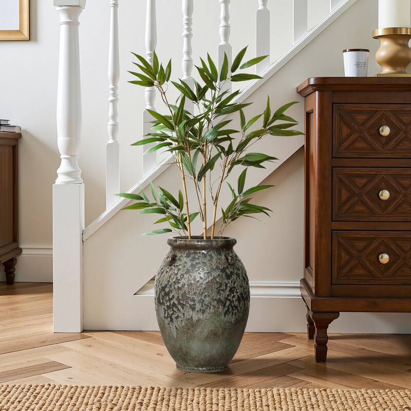 Antiqued Terracotta Jar Vase, Rustic 14.17" Green & Brown Flower Holder