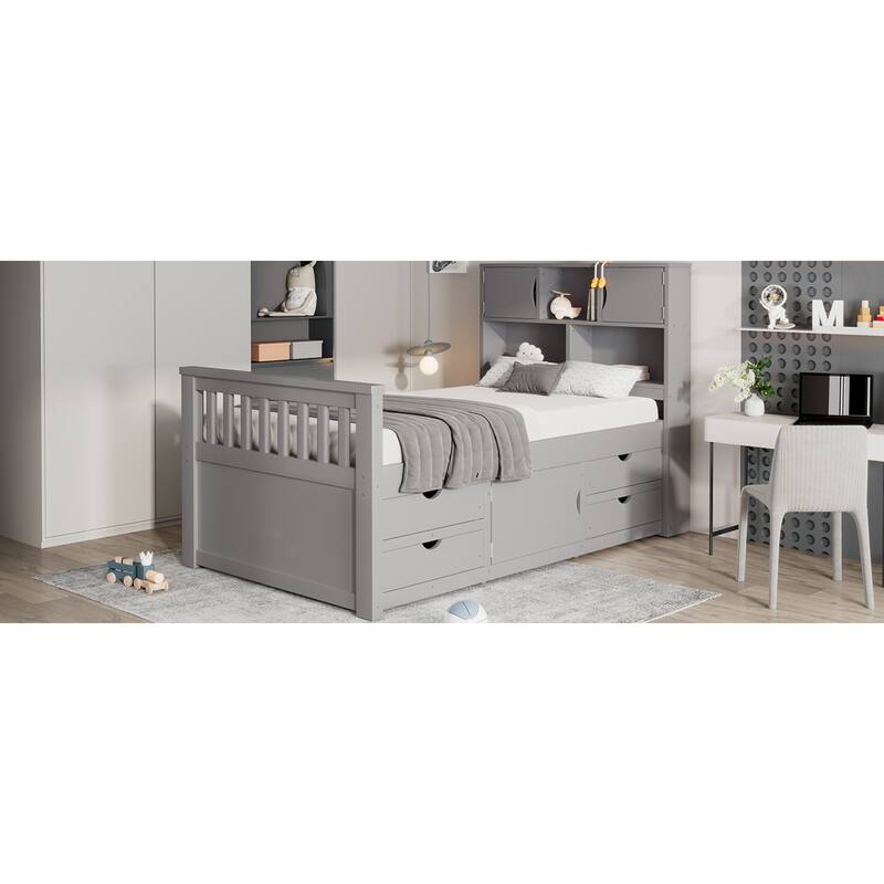 Roomfitters Twin Captain Platform Bed with Bookshelf Headboard and 4 Drawers