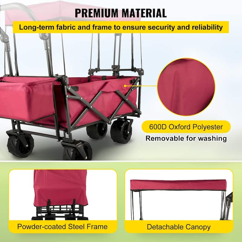 Steel 600D Oxford Folding Wagon 220lbs Cart w/ Canopy & Wheels - 39"x21.4"x39"