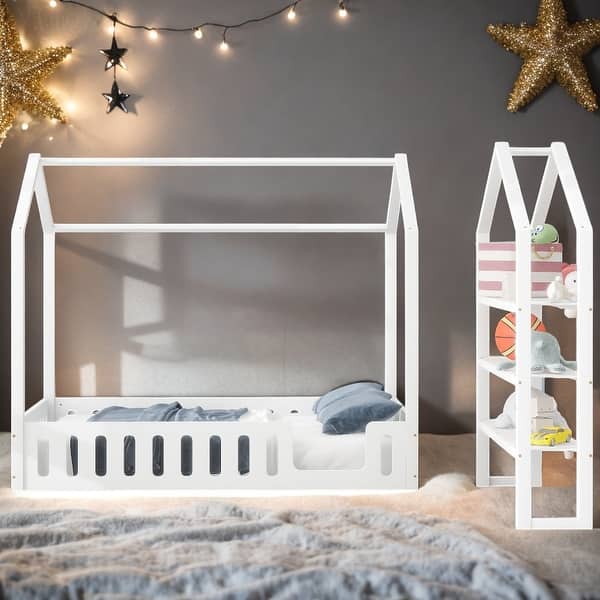 slide 2 of 12, White Full Size Wood House Bed with Fence and Storage Shelves White