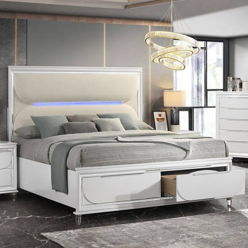 Boucle Upholstered Eastern King Bed with LED Light in White and Pearl White