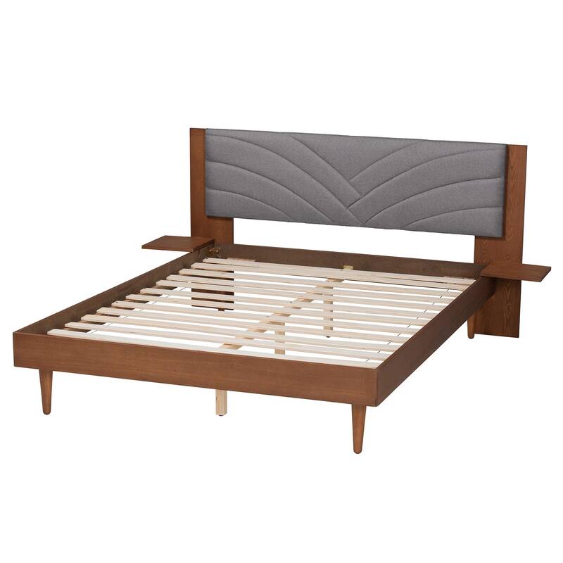 Hemera Mid-Century Modern Grey Fabric and Walnut Brown Wood Queen Size Platform Bed With Floating Side Table