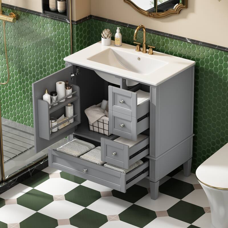 Bathroom Vanity with Ceramic Sink, Bathroom Cabinet with Soft Closing Doors, Vanity Set with 2-Tier Storage Rack and 3 Drawers