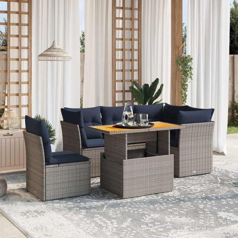 vidaXL 5 Piece Patio Sofa Set with Cushions Gray Poly Rattan - 24.4" x 24.4" x 27.2" - Gray Table + middle + 3x corner