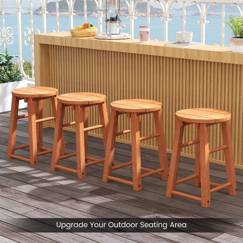 Gymax Outdoor Wood Bar Stools Set of 2 w/Round Seat Footrest Patio
