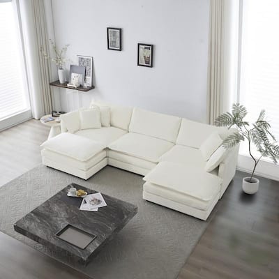 Chenille Upholstered U-shaped Sectional Sofa with Chaise and Pillows