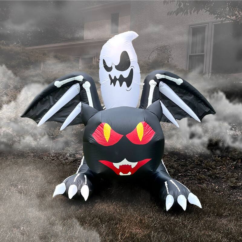 Haunted Hill Farm 5-Ft. Tall Pre-lit Inflatable Black Cat Bat with Red Eyes and Ghost