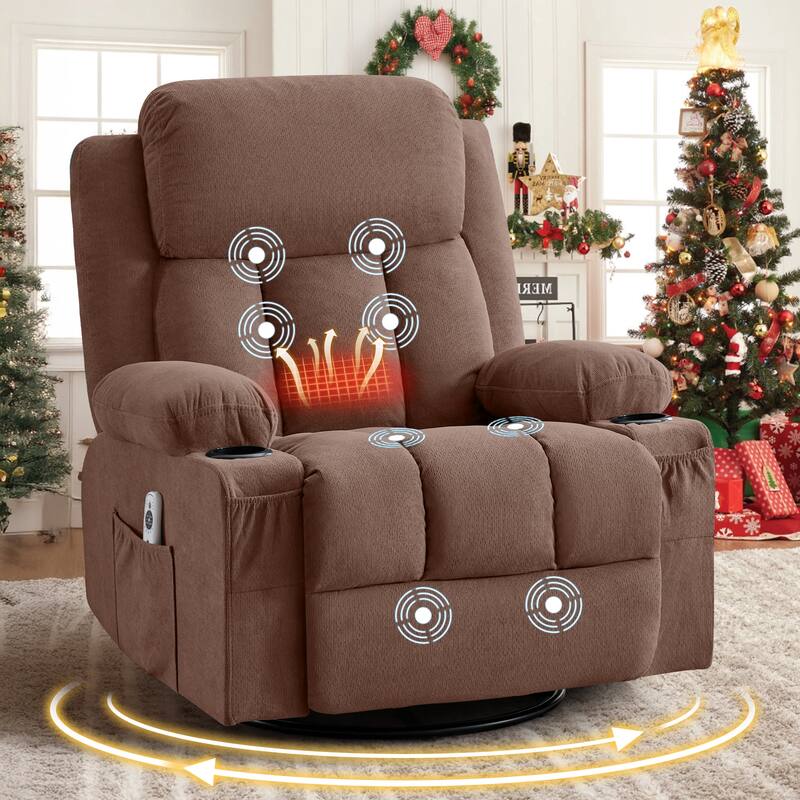 Swivel Rocker Recliner with Vibration Massage Heat USB Port Cup Holders