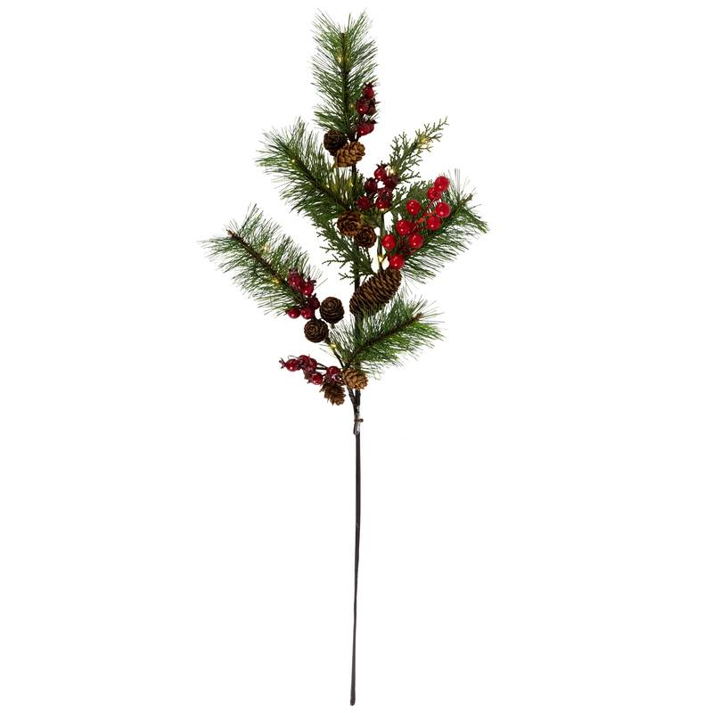 Lighted Pinecone, Berry and Pine Christmas Spray - 27" - Warm White