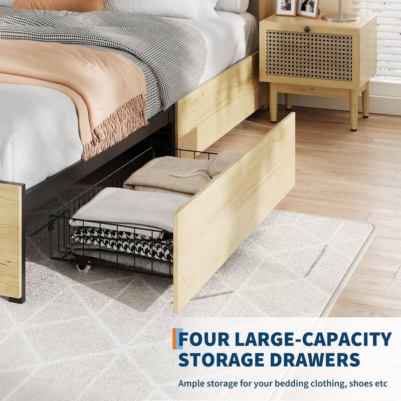 Boho-Style Platform Bed Frame with Natural Rattan Headboard, 4 Drawers, No Box Spring Required