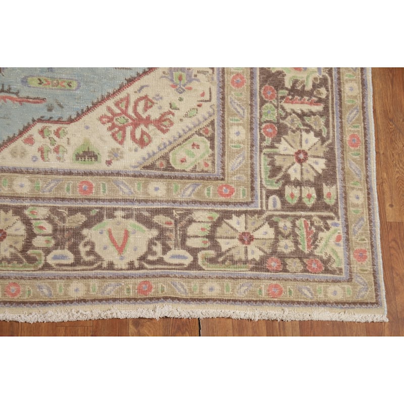 Light Blue Geometric Tabriz Persian Vintage Rug Handmade Wool Carpet - 7'10" x 10'9"