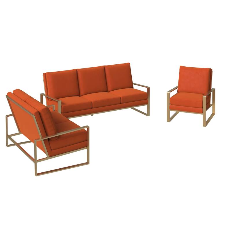 LeisureMod Modern 3-Piece Upholstered Velvet Sofa Set - Includes Sofa, Loveseat & Accent Chair for Home Office Living & Bed Room - Orange Marmalade