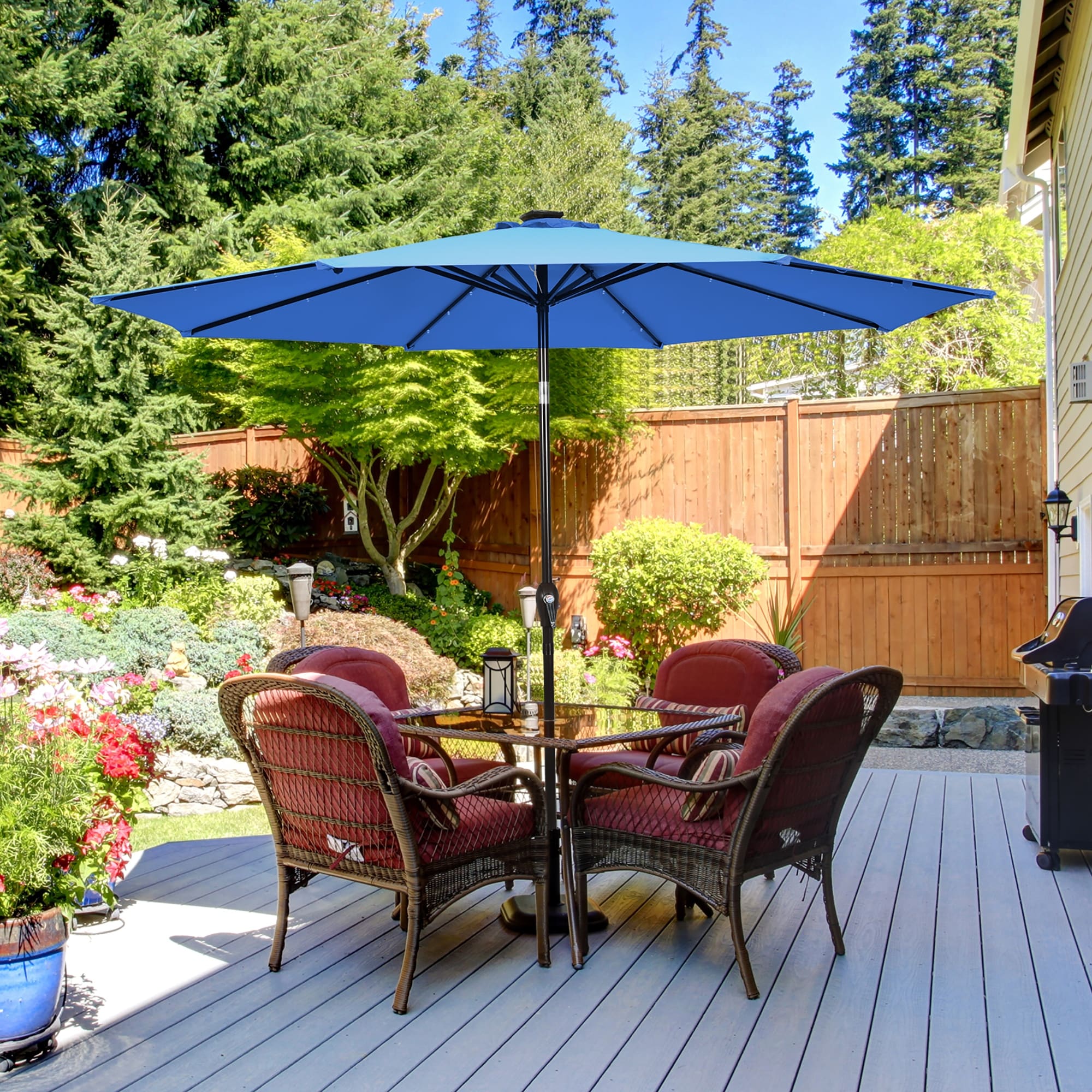 lighted patio umbrella tilt Best Choice Products 10ft Solar LED Offset Hanging Outdoor Market w/ Adjustable In the night use solar powered Led to reignite your passion for outdoor dining and brighten your summer nights DIY 11 Foot Tilting Patio