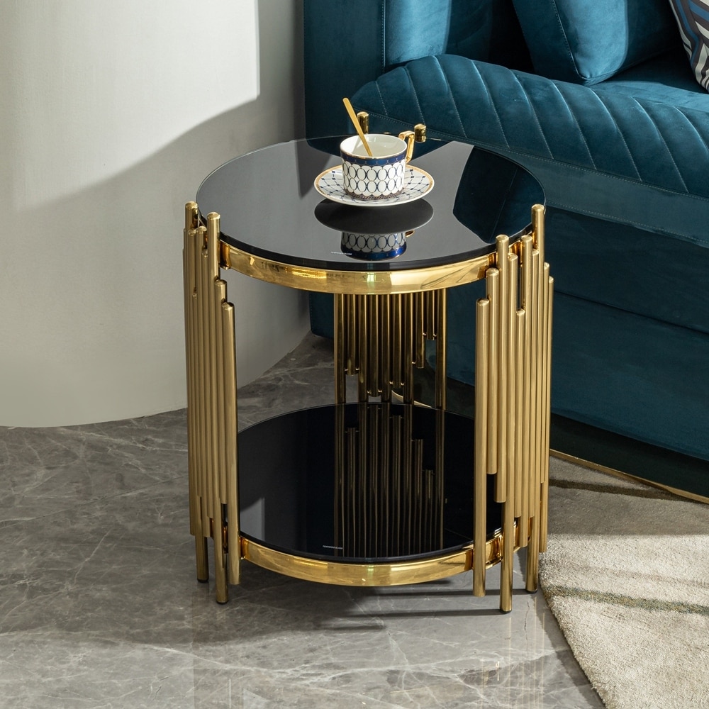 Round End Table with 2-Tier Black Tempered Glass Top and Gold Stainless Steel Frame