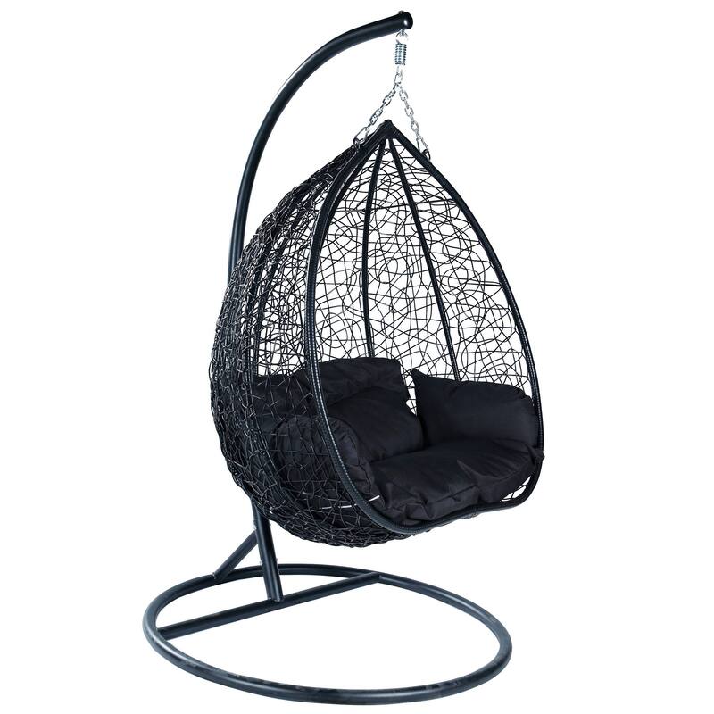 Hanging Swing Chair with Weave Design and Teardrop Shape in Black Frame - Black