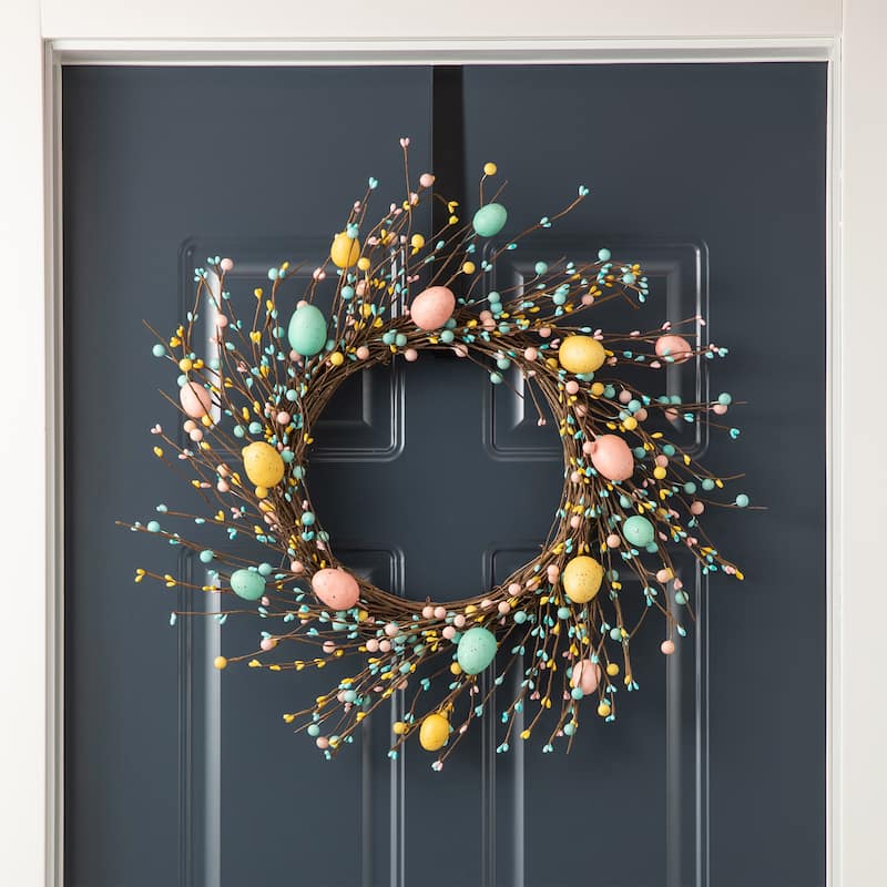 Glitzhome Easter Wreath with Eggs Lavender Bird Nest for Front Door Wall Window Holiday Decoration