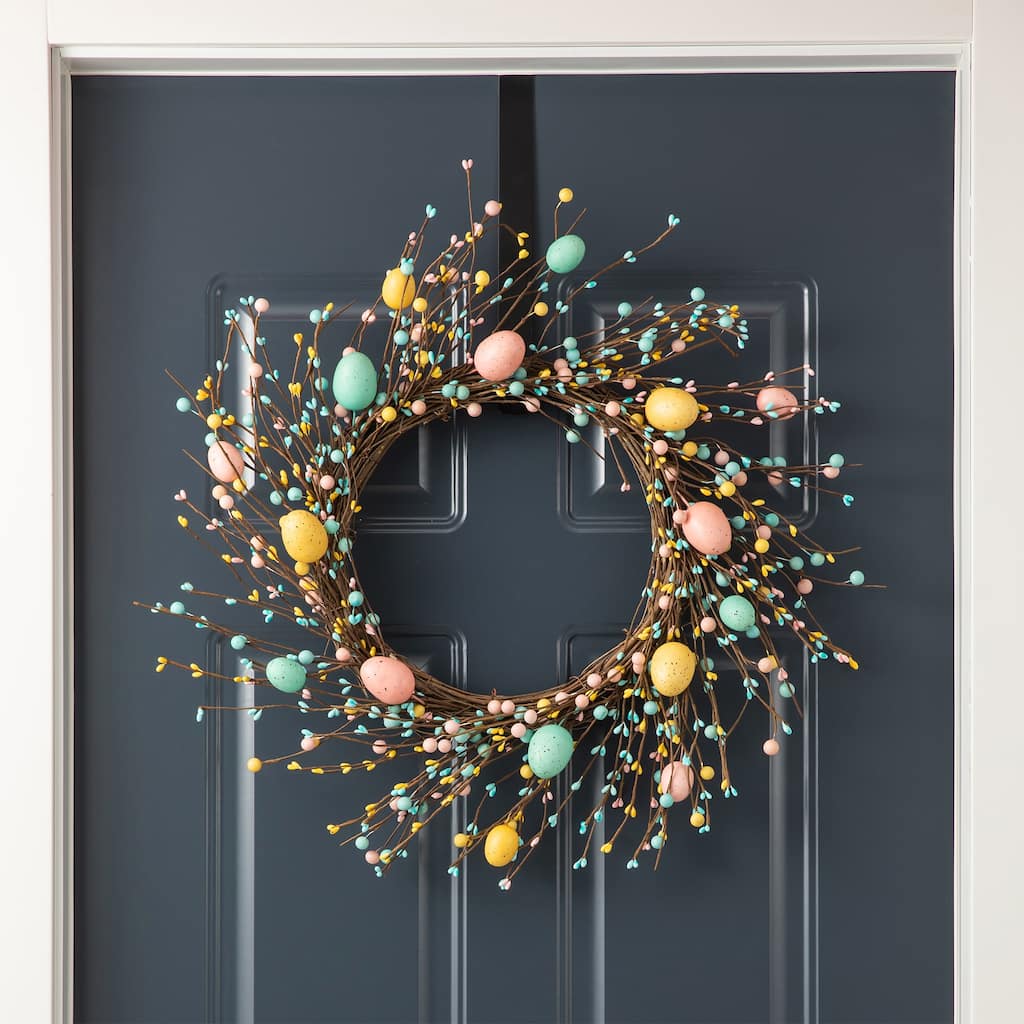 Glitzhome Easter Wreath with Eggs Lavender Bird Nest for Front Door Wall Window Holiday Decoration