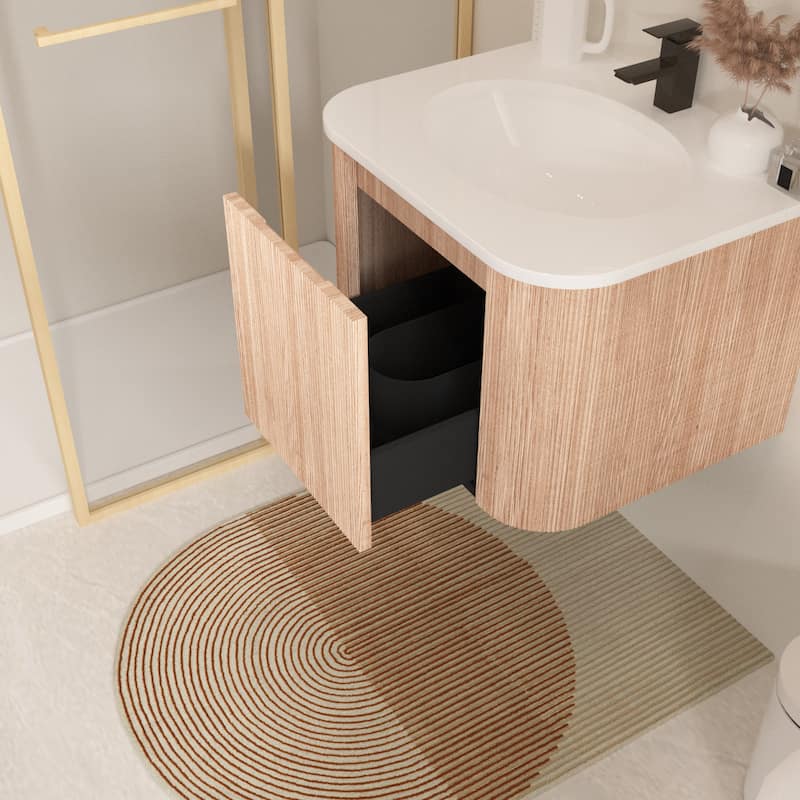 Wall Mounted Bathroom Vanity with Sink Curved Design - Natural Wood