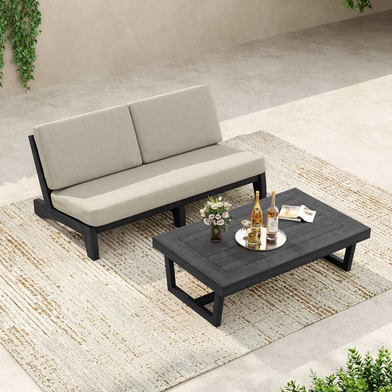 3-Seat Outdoor Sofa Set with Solid Wood Coffee Table, Weather-Resistant Cushions