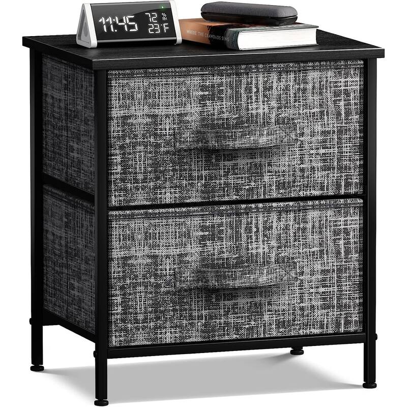 2 Drawer Nightstand Dresser Organizer Steel Frame Wood Top Fabric Bins
