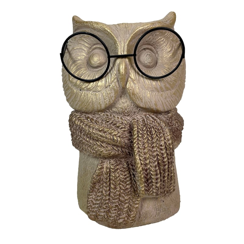 Bespectacled Owl Cement Vase 8.25" Gold Accents Knit Scarf Real Wire