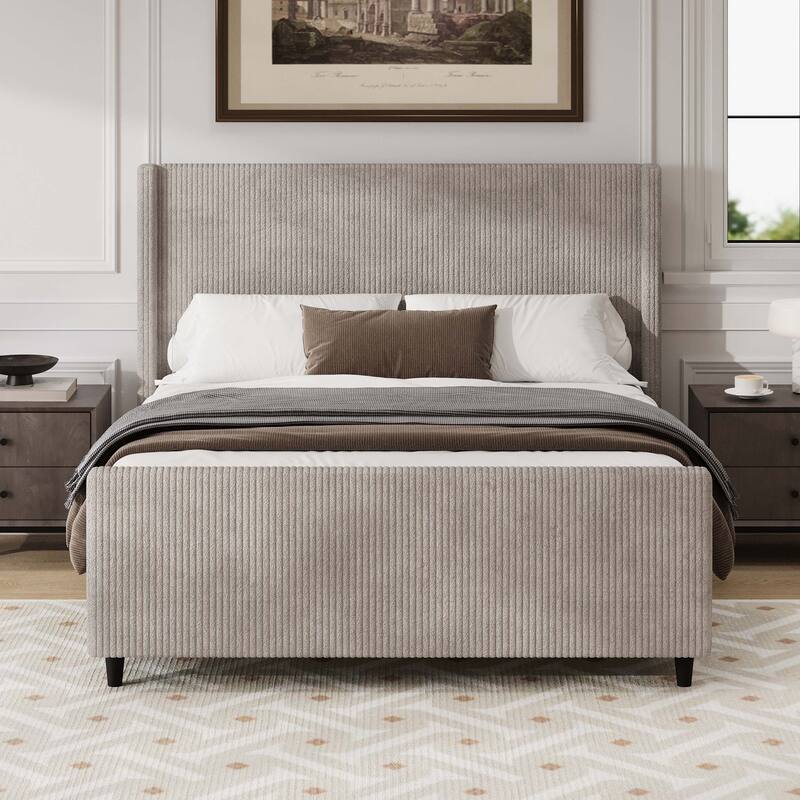 Corduroy Upholstered Bed Frame with Vertical Stripe Wingback and High Footboard