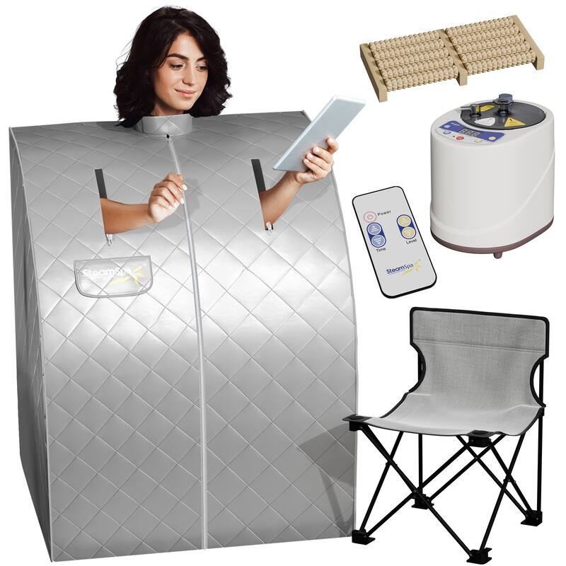 SteamSpa Portable 1-Person Indoor Home Sauna with Digital Controller, Folding Chair & Foot Massager - Silver