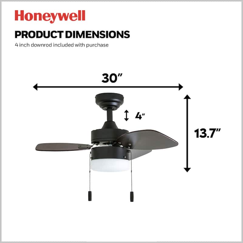 30" Honeywell Ocean Breeze Guilded Espresso Modern Indoor LED Ceiling Fan with Light, Pull Chain