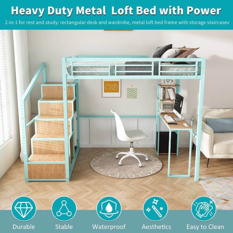 Full Size Metal Loft Bed with Desk, Charging Station, Storage Stairs, Cabinets & Shelves, Space-Saving Bed for Kids/Teens